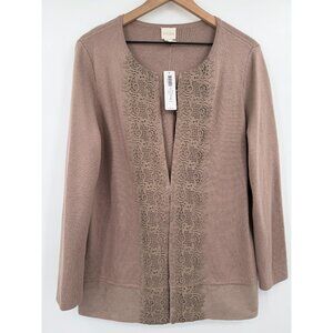 Chico’s Taupe Lace Front Cardigan Women 2 (L) Faux Suede Trim Cotton Blend
